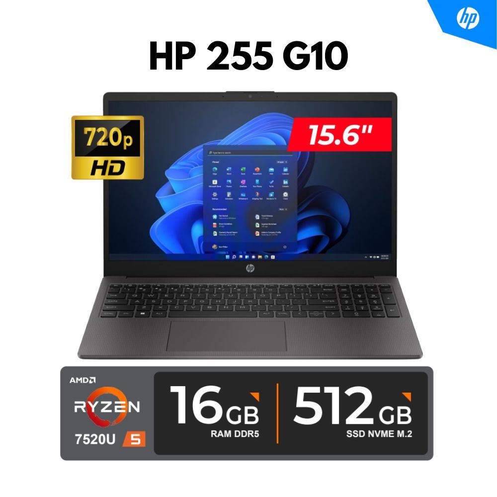 LAPTOP HP 255 G10/ 15.6" HD LED AMD Ryzen 5 7520U 4.30GHz/ 16GB DDR5 512GB SSD/ FREEDOS